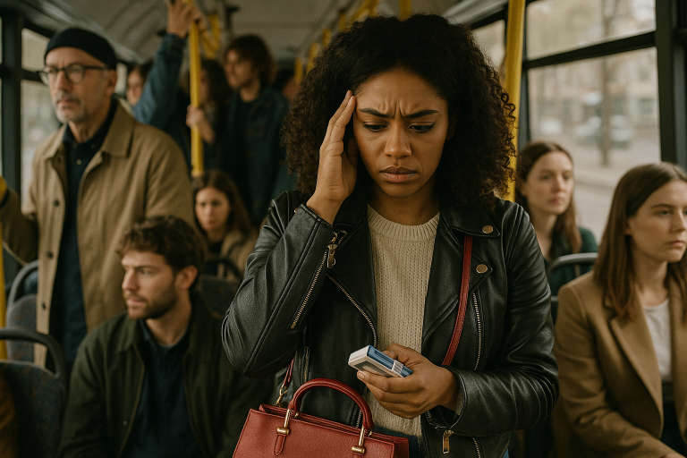 Anxious woman on a bus 768x512