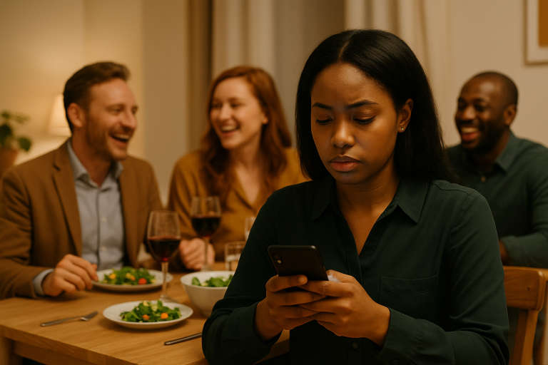 Woman on her phone at the table 768 Smartphone Anxiety